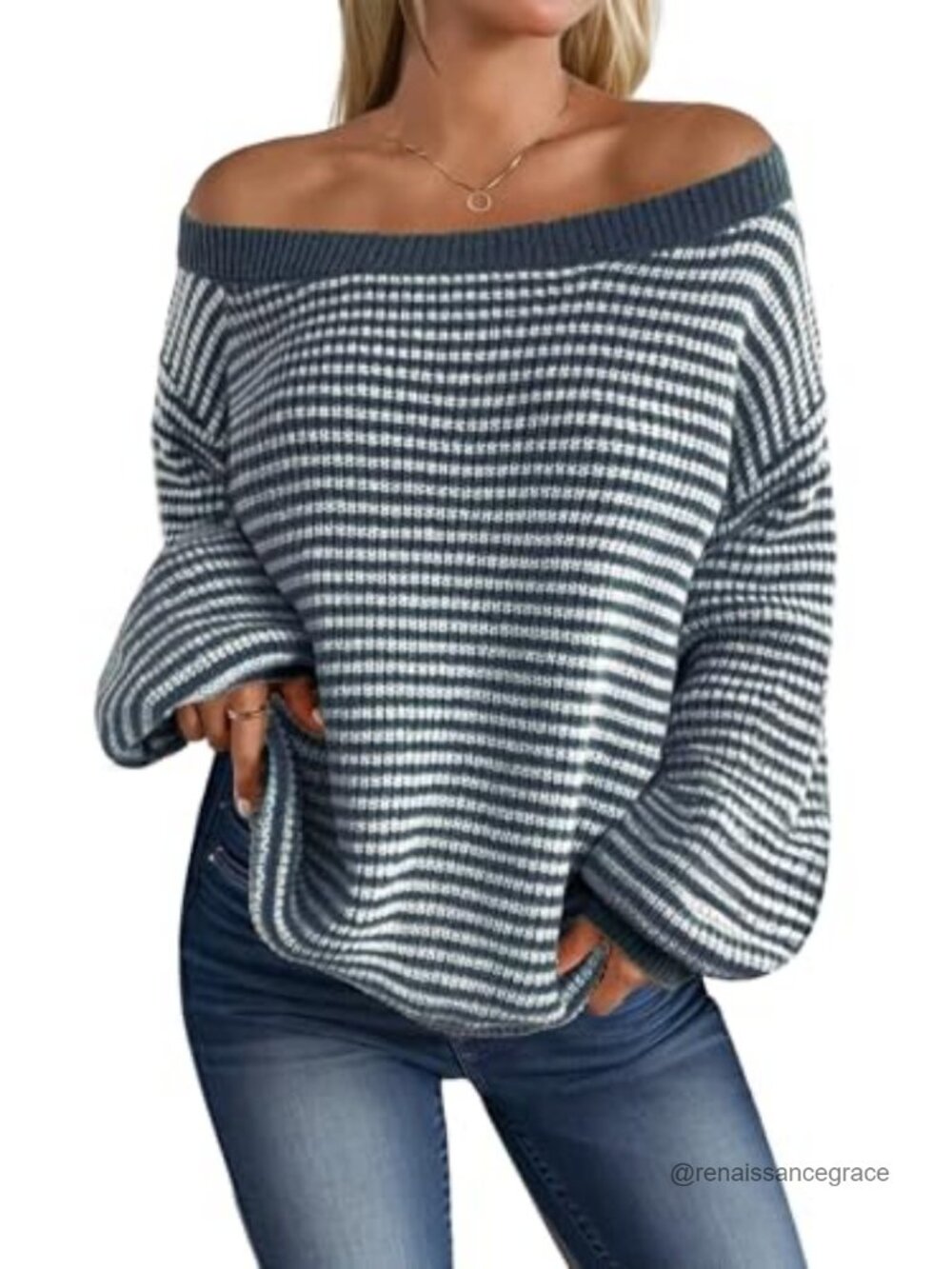 Off Shoulder Striped Knit Pullover Oversized Fall Sweater